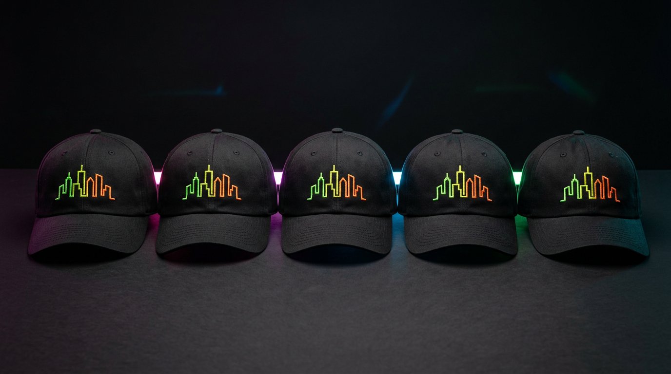 Embroidered baseball caps arranged in a rail