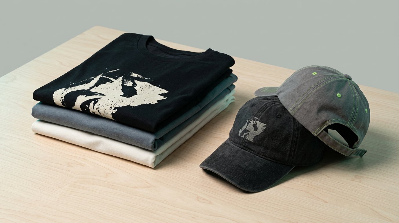 Folded graphic T-shirts and baseball caps from the current FULL SEND SQUAD LTD drop